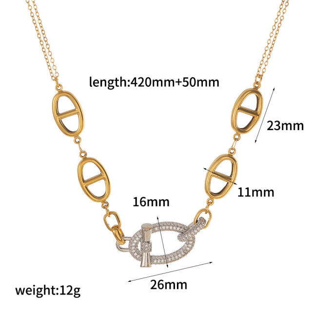 Full Diamond Zircon pig nose Stainless Steel Earrings Necklace Bracelet Jewelry Set