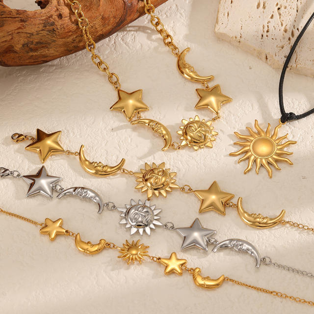 Star Moon Sun Stainless Steel Necklace Bracelet Jewelry Set
