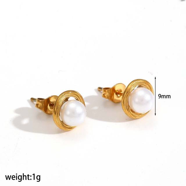 French retro style buckle size pearl earrings stainless steel earrings