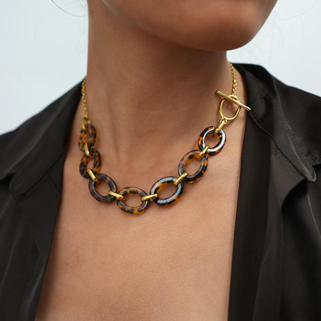 Leopard Print acrylic circle Stainless Steel Necklace Acrylic Resin Necklace