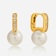 18KG pearl bead cubic zircon stainless steel earrings