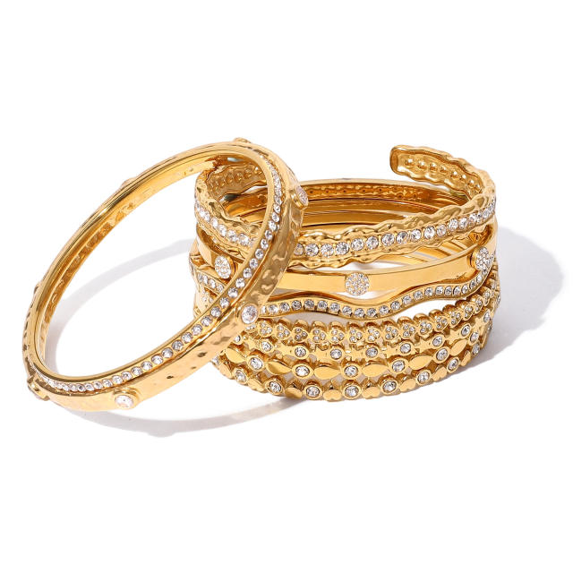 Rhinestone inlaid diamond stainless steel bangle bracelet