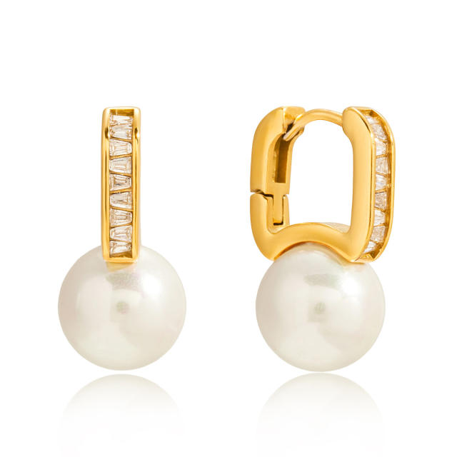 18KG pearl bead cubic zircon stainless steel earrings