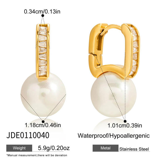 18KG pearl bead cubic zircon stainless steel earrings