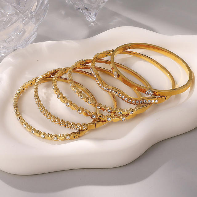 Rhinestone inlaid diamond stainless steel bangle bracelet