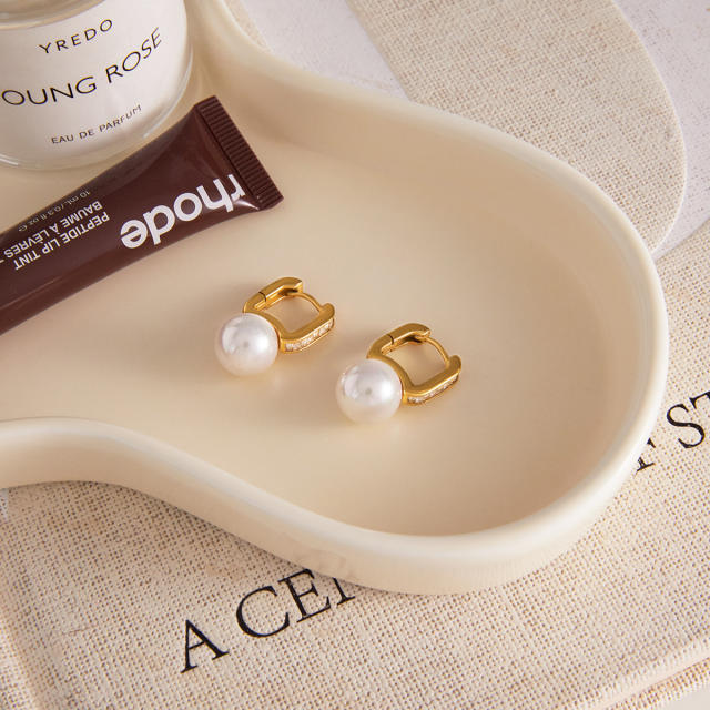 18KG pearl bead cubic zircon stainless steel earrings