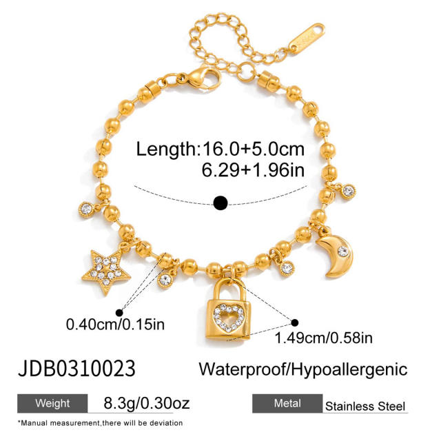Elegant diamond key padlock charm stainless steel bracelet