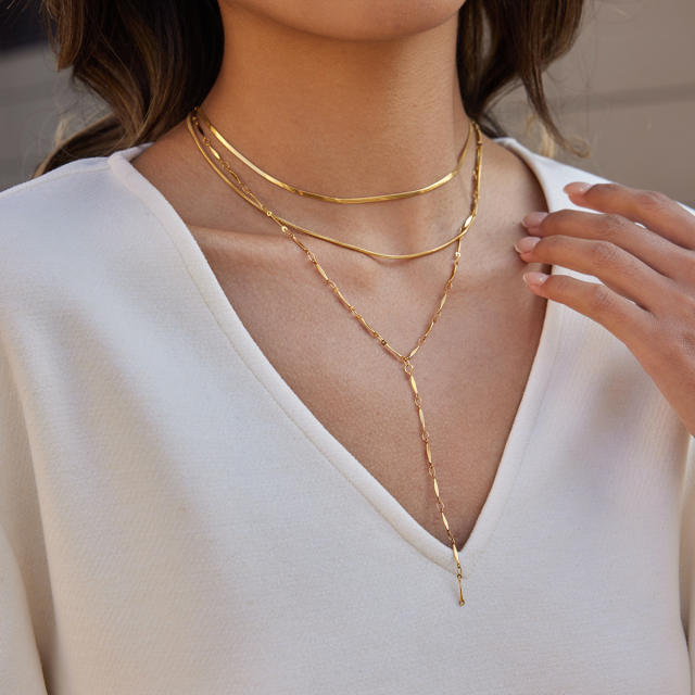 18KG three layer stainless steel necklace Y shape necklace long necklace