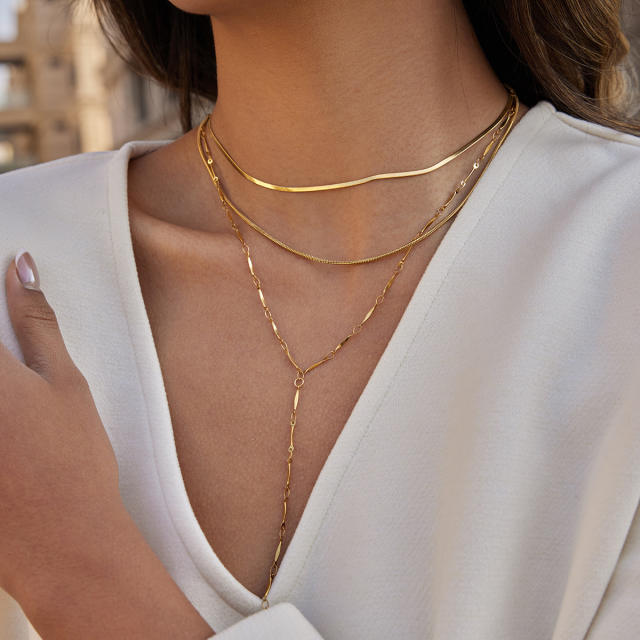 18KG three layer stainless steel necklace Y shape necklace long necklace