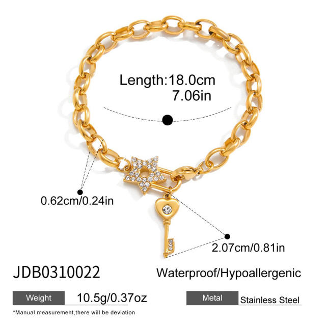 Elegant diamond key padlock charm stainless steel bracelet