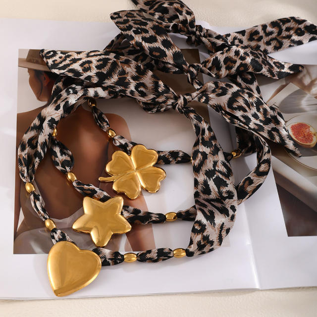 Oversize stainless Steel Clover Heart Five-Pointed Star pendant leopard fabric chain necklace