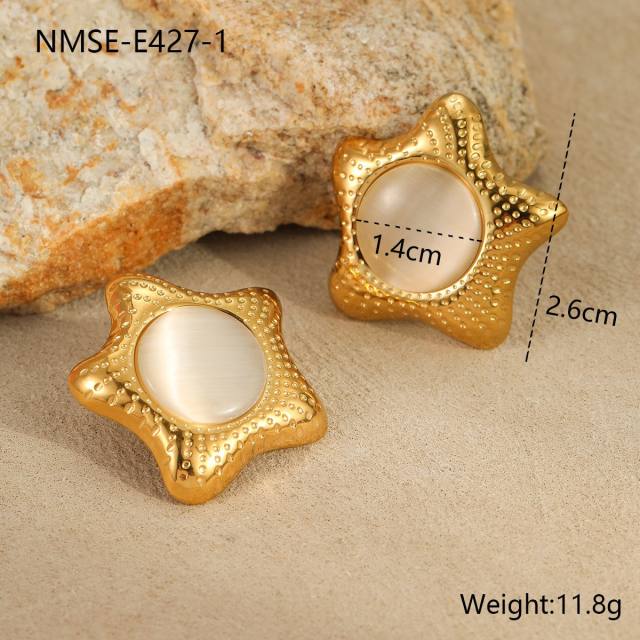 Concise opal stone inlaid flower heart stainless steel earrings rings set