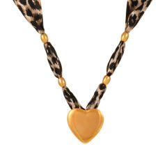 Oversize stainless Steel Clover Heart Five-Pointed Star pendant leopard fabric chain necklace