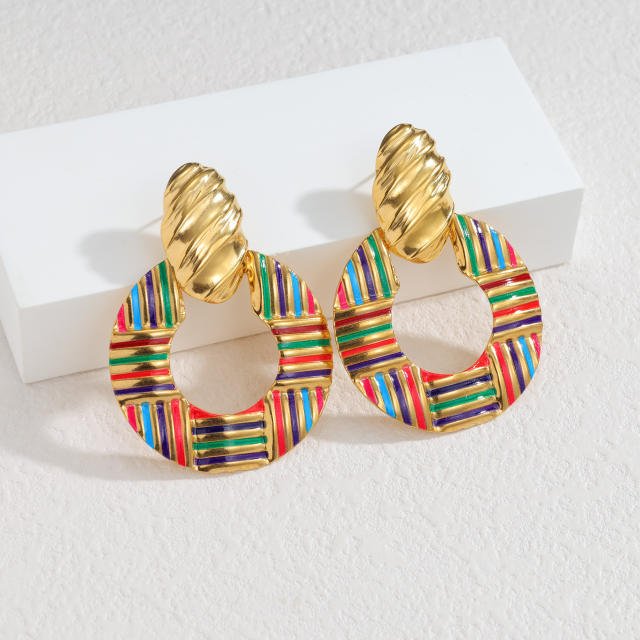 Boho color enamel hollow out stainless steel earrings