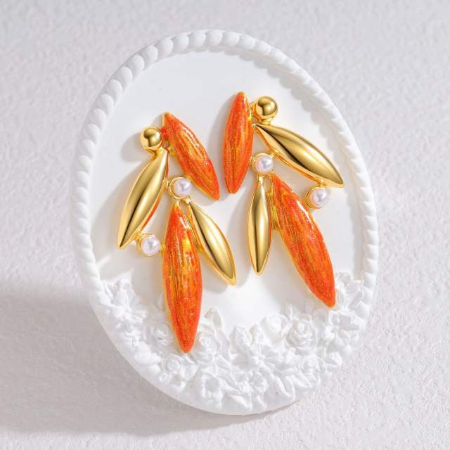 Fashion Inlaid Pearl Bamboo Leaf Earrings stainless steel earrings