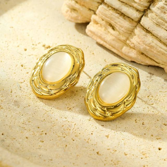 Concise opal stone inlaid flower heart stainless steel earrings rings set