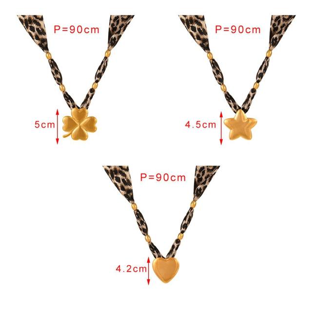 Oversize stainless Steel Clover Heart Five-Pointed Star pendant leopard fabric chain necklace