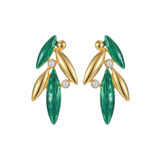 Fashion Inlaid Pearl Bamboo Leaf Earrings stainless steel earrings