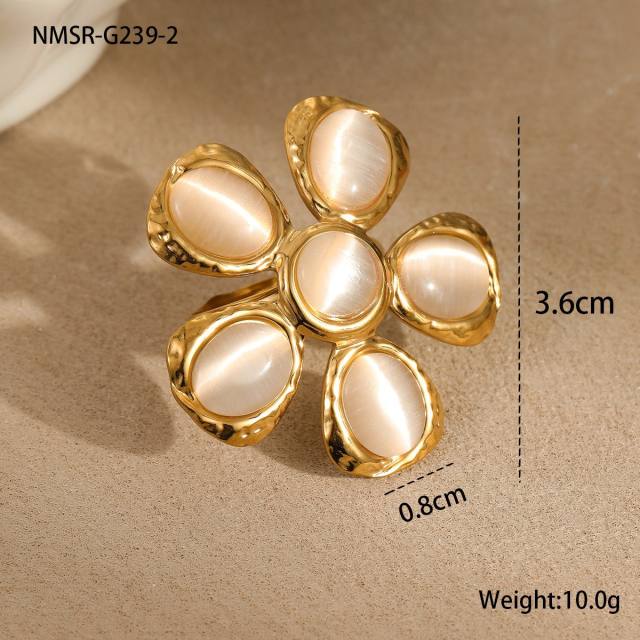 Concise opal stone inlaid flower heart stainless steel earrings rings set