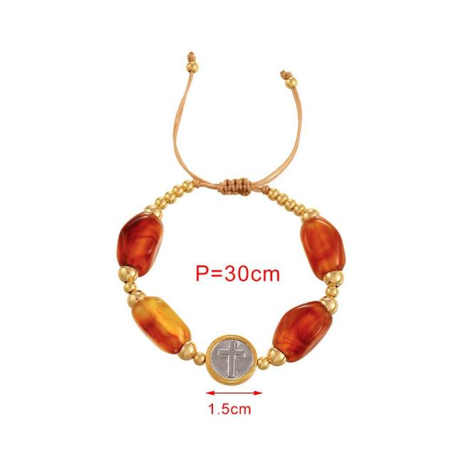 Silver Portrait Crescent Heart Pendant Drop-Shaped Cut Amber Handmade Beaded Bracelet