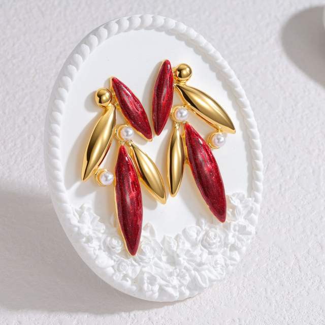 Fashion Inlaid Pearl Bamboo Leaf Earrings stainless steel earrings