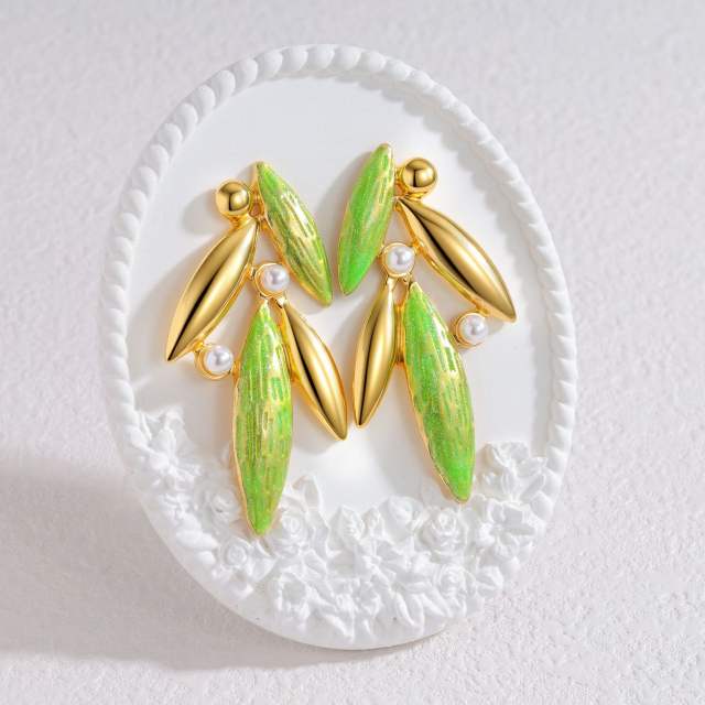 Fashion Inlaid Pearl Bamboo Leaf Earrings stainless steel earrings