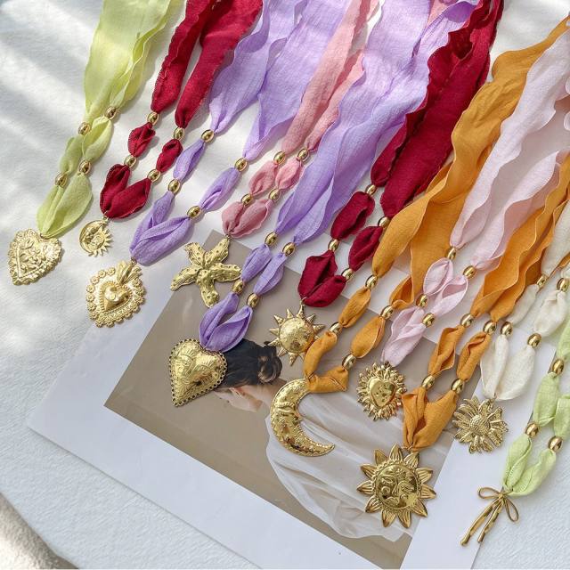 Stainless steel heart starfish moon pendant silk scarf chain necklace for women