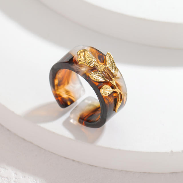 Fashion Simple Colorful Acetate Ring Stainless Steel Leaf Design Retro Elegant High-End Open Ring