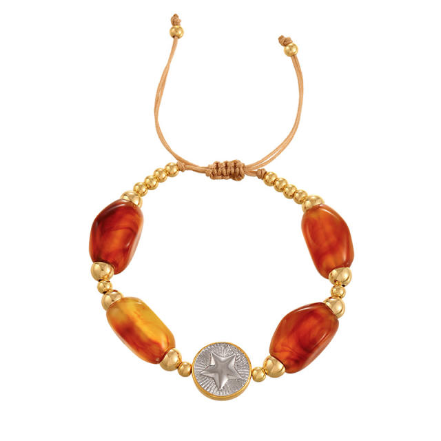Silver Portrait Crescent Heart Pendant Drop-Shaped Cut Amber Handmade Beaded Bracelet