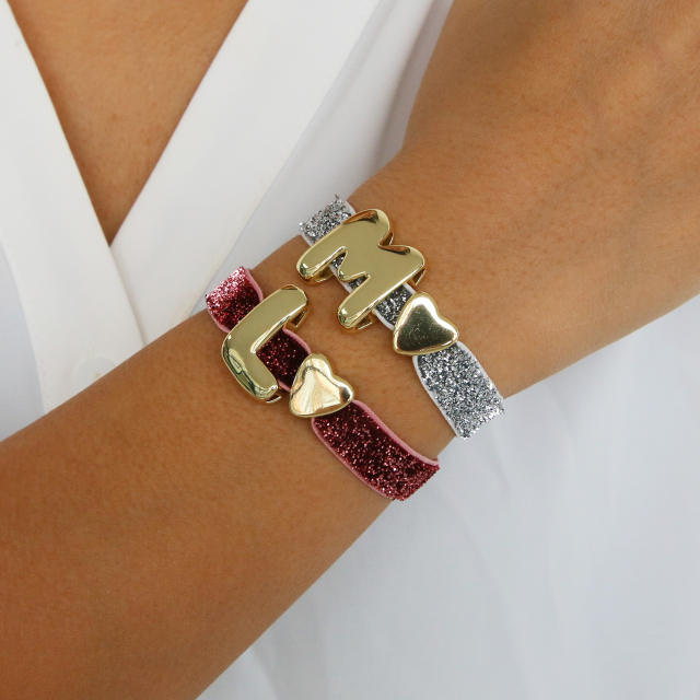 Hot sale gold color copper initial letter charm elastic band bracelet friendship bracelet