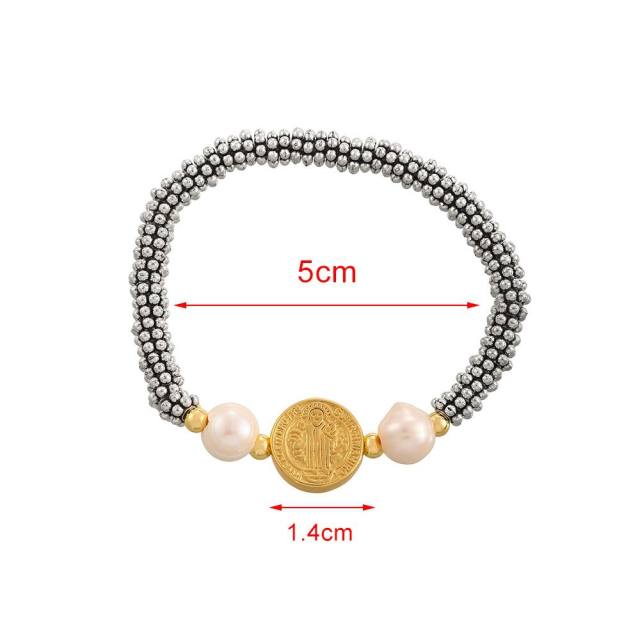 Double-sided portrait beaded freshwater pearl bracelet