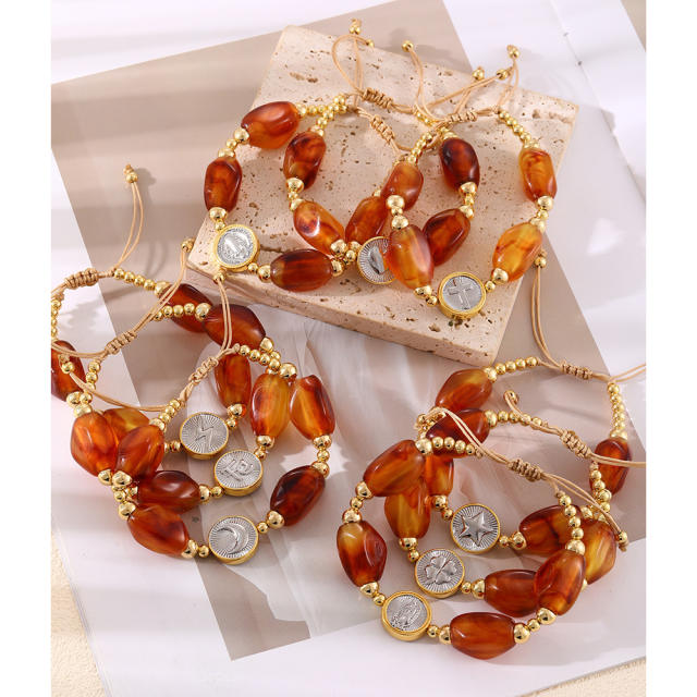 Silver Portrait Crescent Heart Pendant Drop-Shaped Cut Amber Handmade Beaded Bracelet