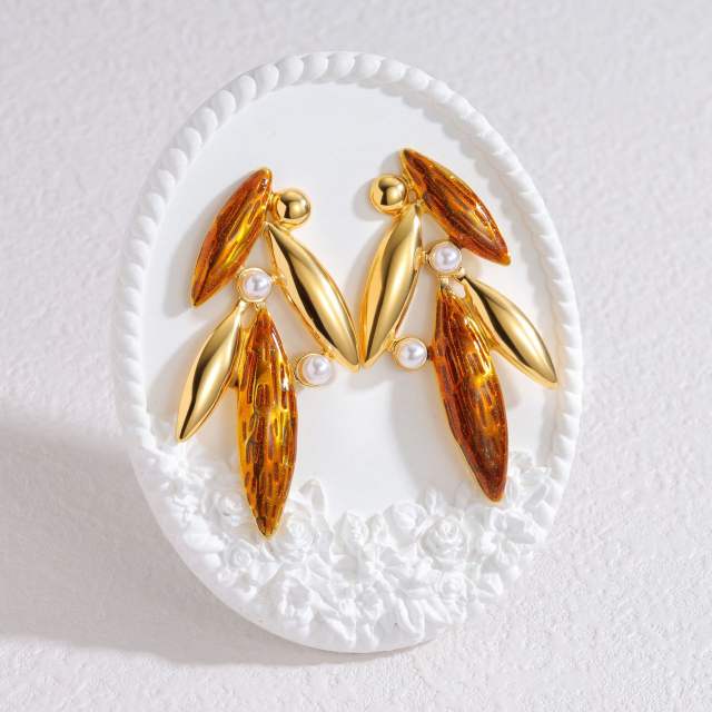 Fashion Inlaid Pearl Bamboo Leaf Earrings stainless steel earrings