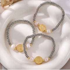 Double-sided portrait beaded freshwater pearl bracelet