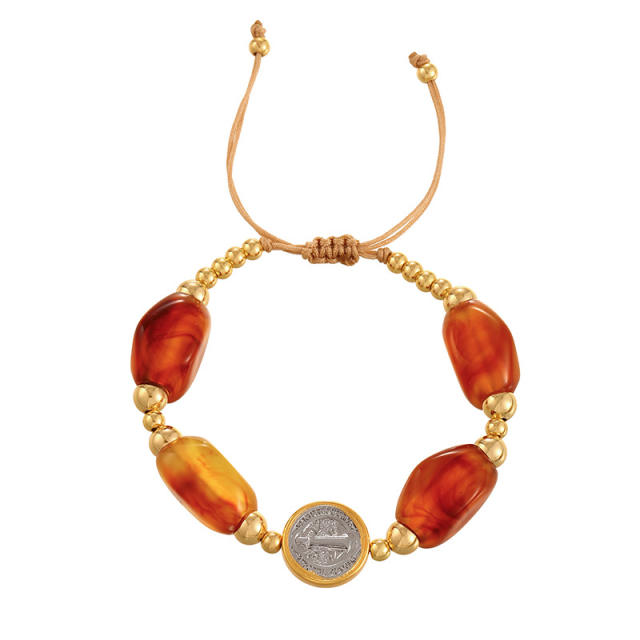Silver Portrait Crescent Heart Pendant Drop-Shaped Cut Amber Handmade Beaded Bracelet