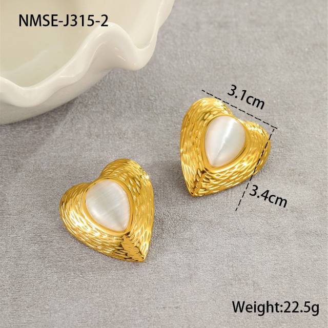Concise opal stone inlaid flower heart stainless steel earrings rings set
