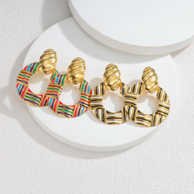 Boho color enamel hollow out stainless steel earrings