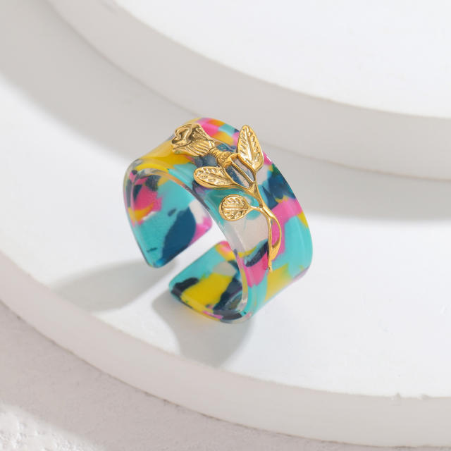 Fashion Simple Colorful Acetate Ring Stainless Steel Leaf Design Retro Elegant High-End Open Ring
