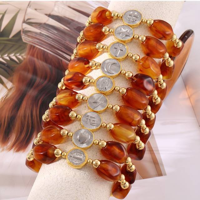 Silver Portrait Crescent Heart Pendant Drop-Shaped Cut Amber Handmade Beaded Bracelet