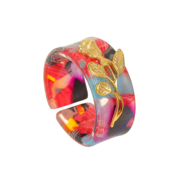 Fashion Simple Colorful Acetate Ring Stainless Steel Leaf Design Retro Elegant High-End Open Ring