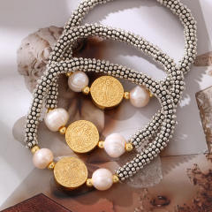 Double-sided portrait beaded freshwater pearl bracelet