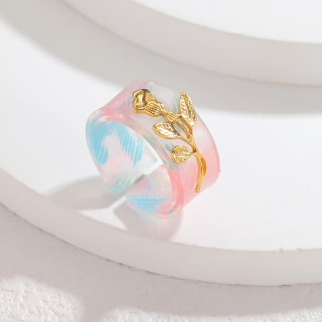 Fashion Simple Colorful Acetate Ring Stainless Steel Leaf Design Retro Elegant High-End Open Ring