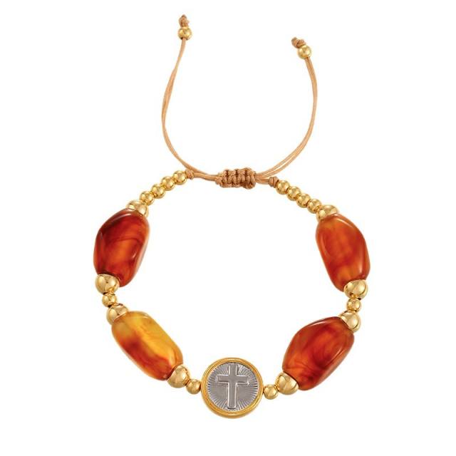 Silver Portrait Crescent Heart Pendant Drop-Shaped Cut Amber Handmade Beaded Bracelet