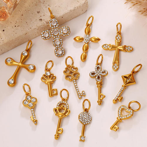 Gold color diamond cross key pendant diy jewelry charm accessory stainless steel charm