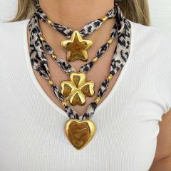 Oversize stainless Steel Clover Heart Five-Pointed Star pendant leopard fabric chain necklace