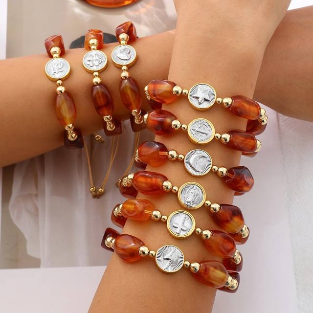 Silver Portrait Crescent Heart Pendant Drop-Shaped Cut Amber Handmade Beaded Bracelet