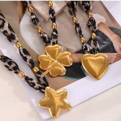 Oversize stainless Steel Clover Heart Five-Pointed Star pendant leopard fabric chain necklace
