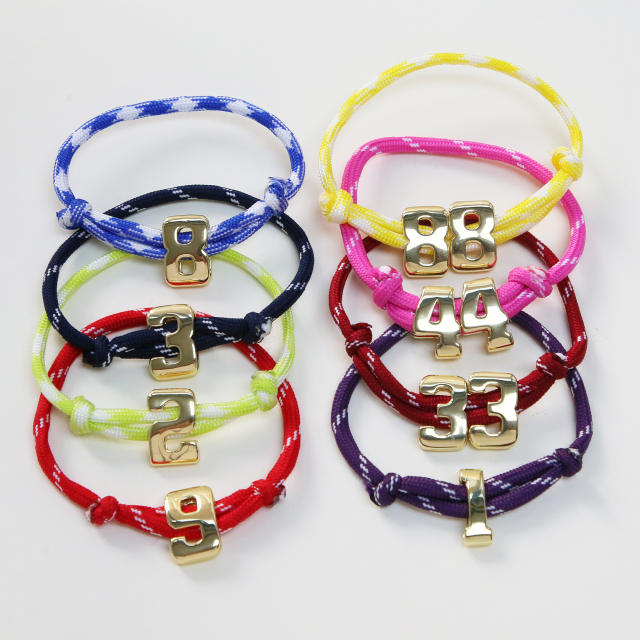 Ins Hot Selling Paracord Colorful Rope High Polished Glossy Lucky Number 0-9 DIY Team Jersey Number Hand Rope Bracelet