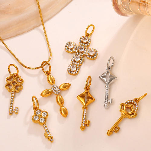 Gold color diamond cross key pendant diy jewelry charm accessory stainless steel charm