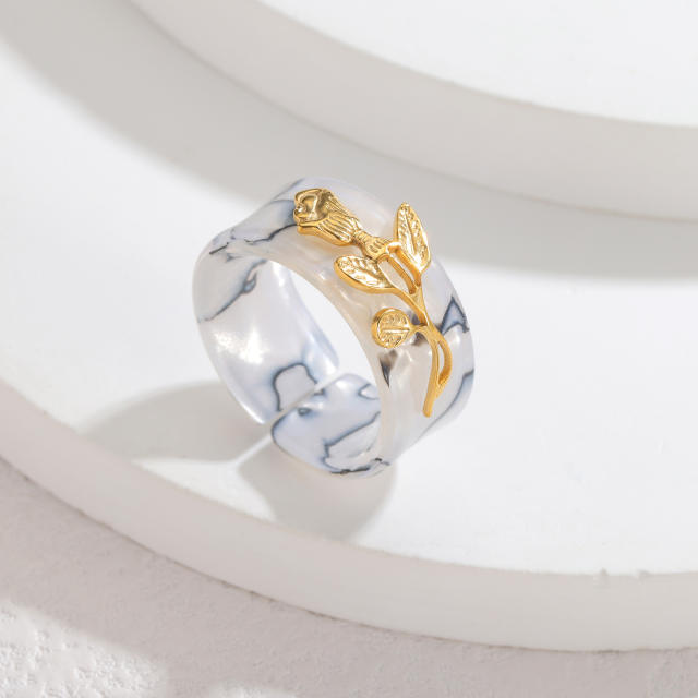 Fashion Simple Colorful Acetate Ring Stainless Steel Leaf Design Retro Elegant High-End Open Ring